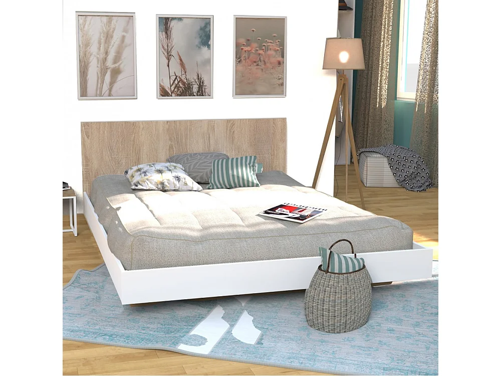 Lit 2 places 140x190cm Blanc et chêne LIFA inclus sommier et tête de lit