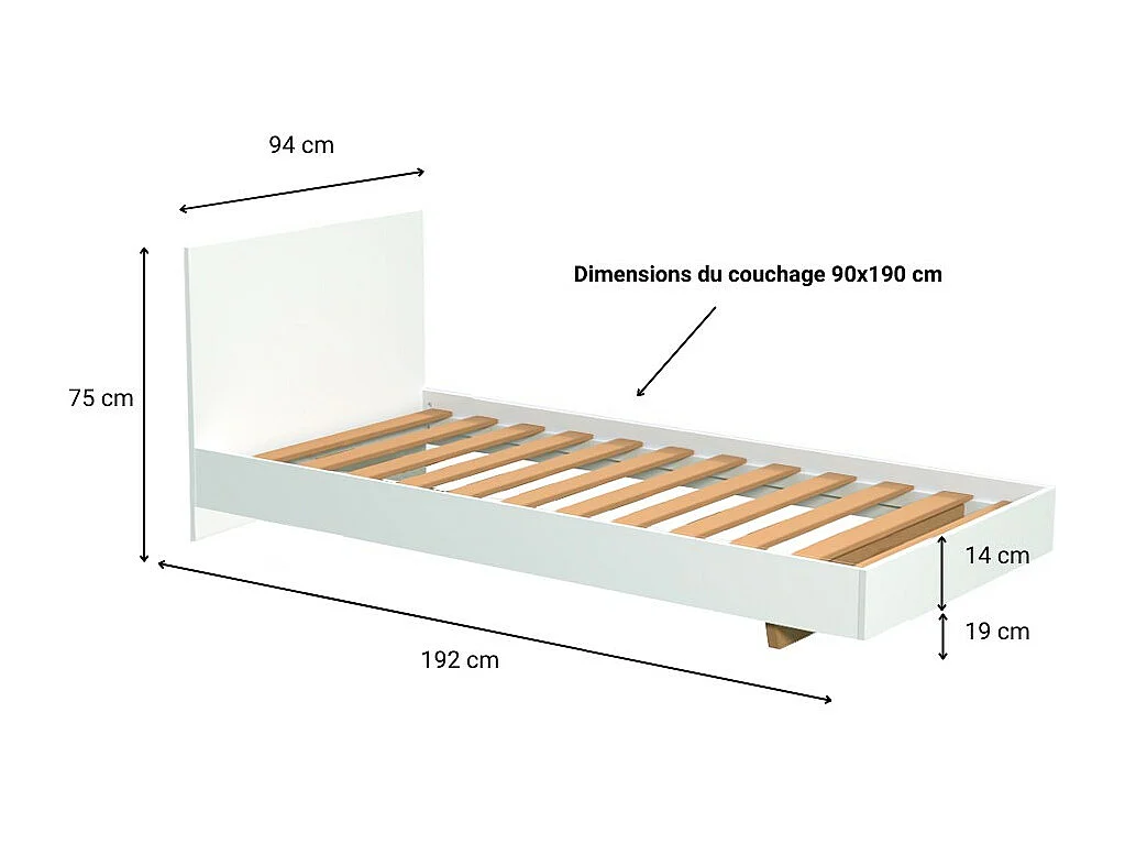Lit simple 1 place 90x190cm Blanc avec sommier LIFA