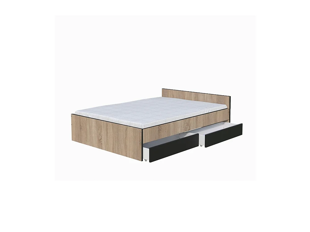 Lit 2 places 140x190cm Noir et Chêne KIAPA inclus sommier et 2  tiroirs pour rangement