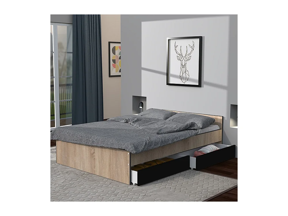 Lit 2 places 140x190cm Noir et Chêne KIAPA inclus sommier et 2  tiroirs pour rangement