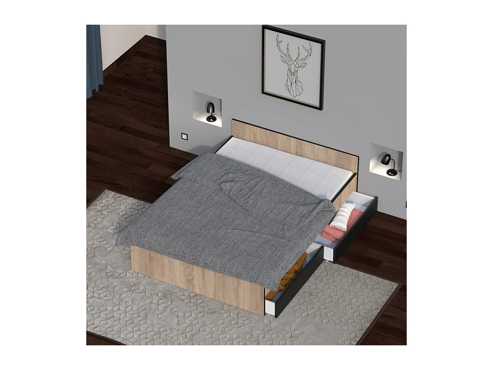 Lit 2 places 140x190cm Noir et Chêne KIAPA inclus sommier et 2  tiroirs pour rangement