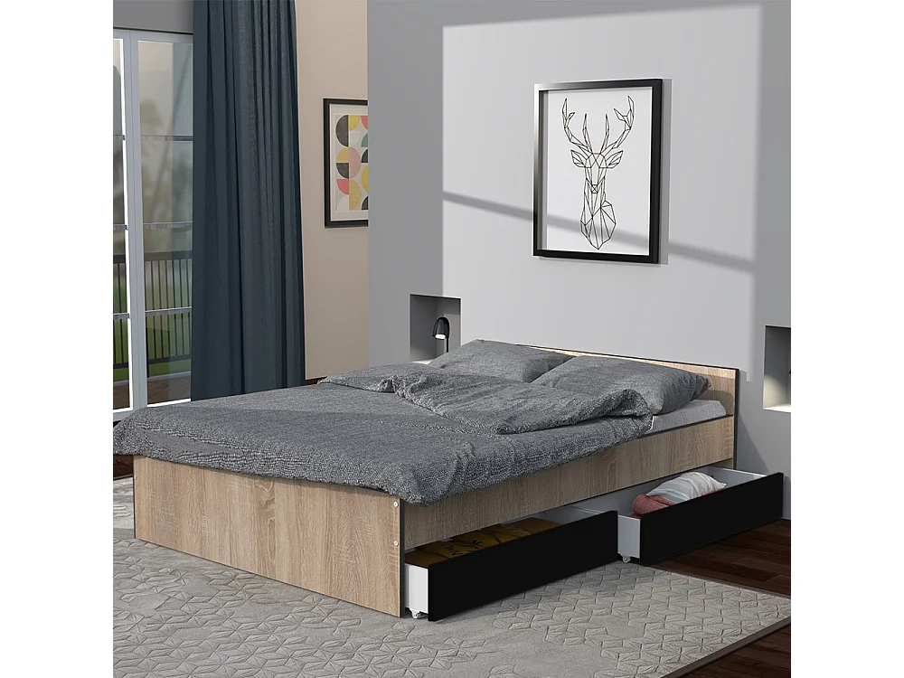 Lit 2 places 140x190cm Noir et Chêne KIAPA inclus sommier et 2  tiroirs pour rangement