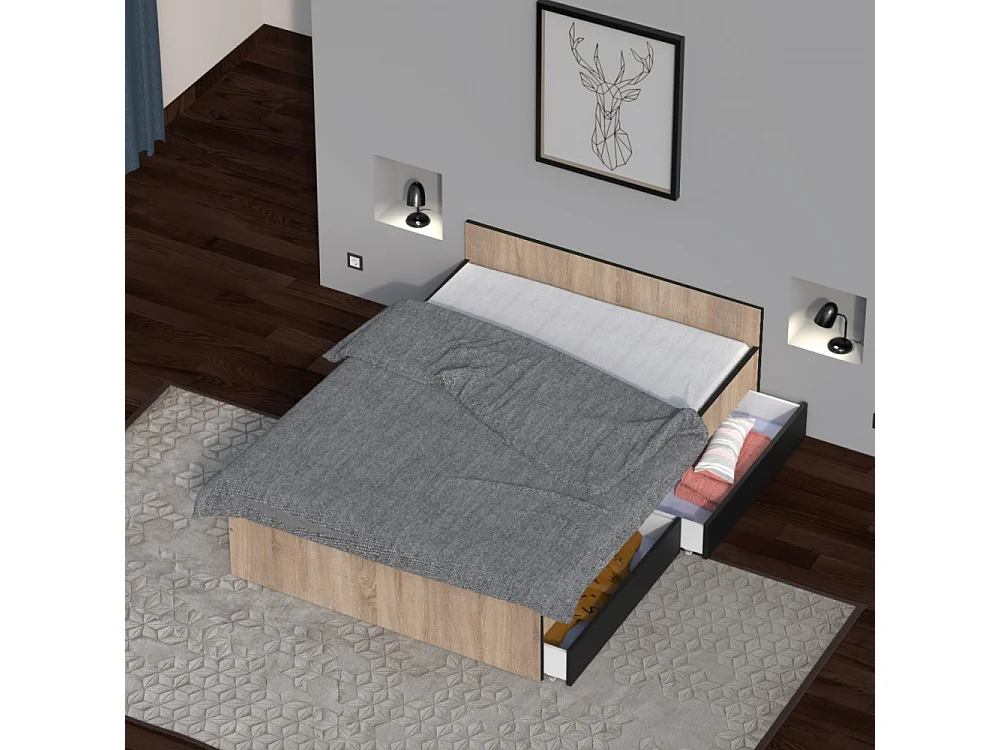 Lit 2 places 140x190cm Noir et Chêne KIAPA inclus sommier et 2  tiroirs pour rangement