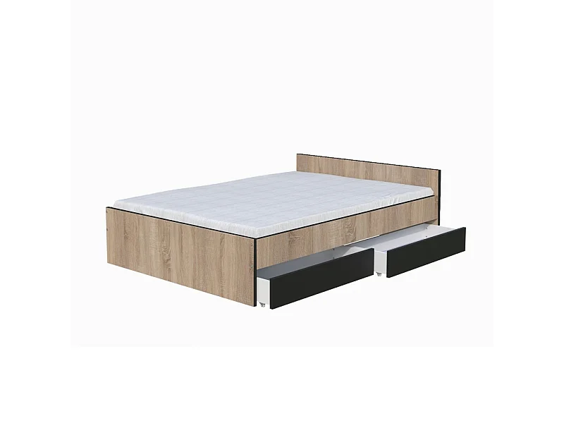 Lit 2 places 140x190cm Noir et Chêne KIAPA inclus sommier et 2  tiroirs pour rangement