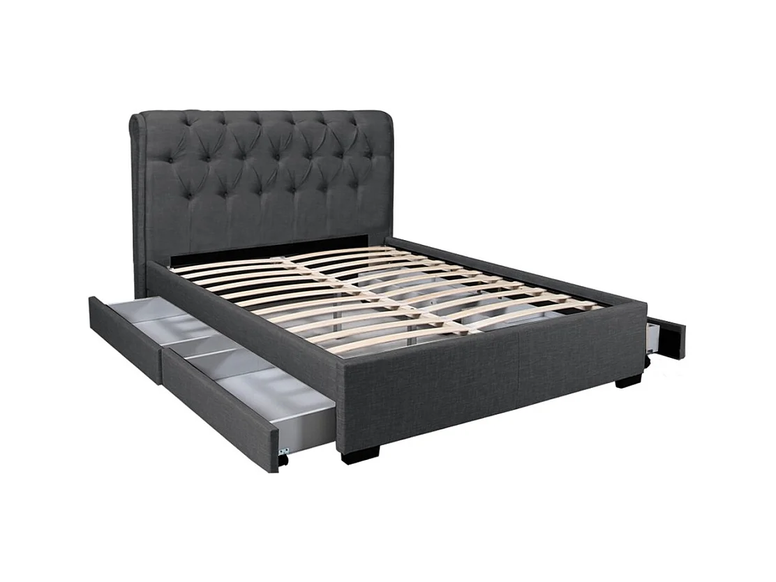 Lit 2 places 160x200cm CHALIN Gris foncé avec tête de lit inclus sommier et 4 tiroirs pour rangement