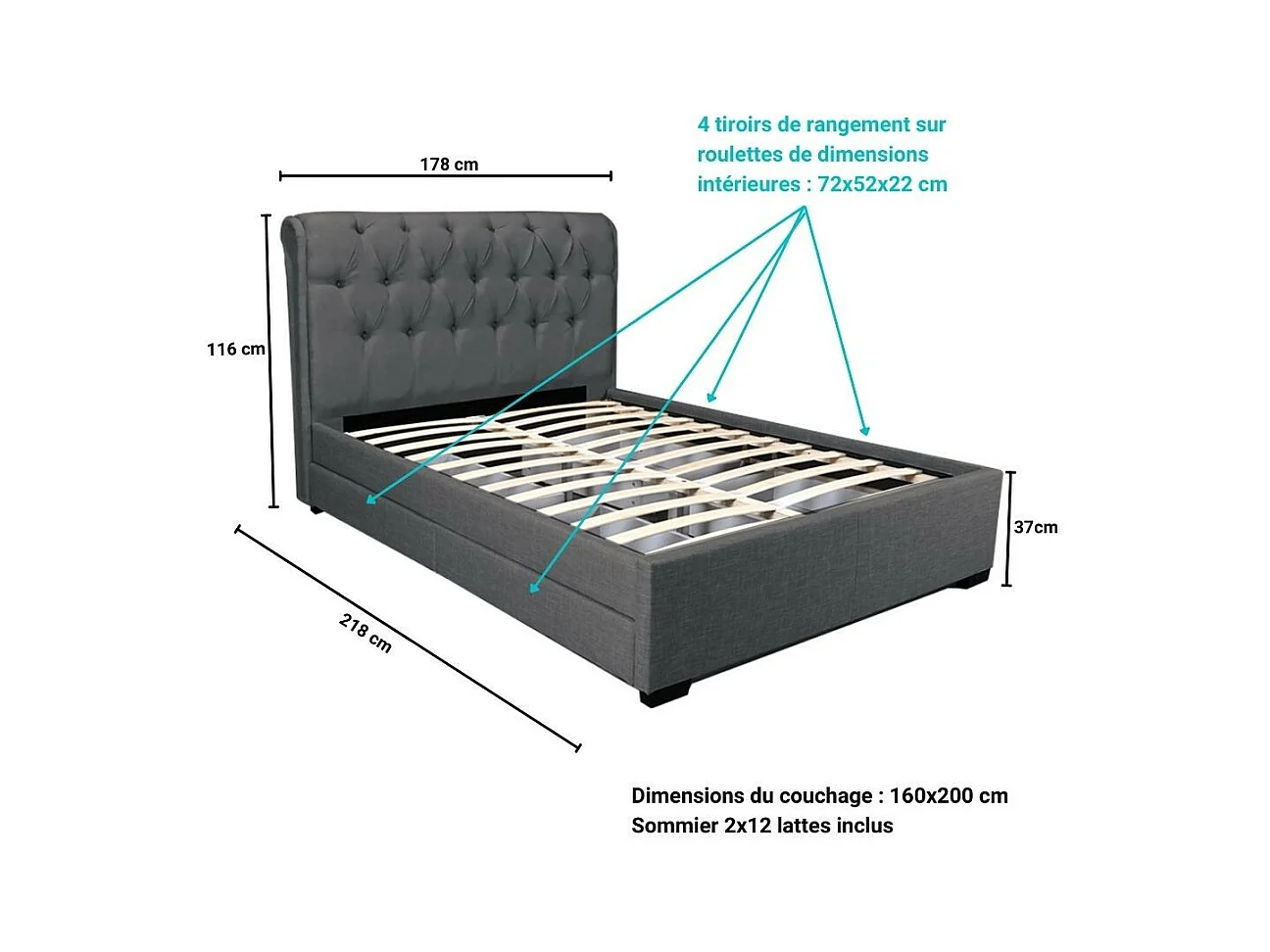 Lit 2 places 160x200cm CHALIN Gris foncé avec tête de lit inclus sommier et 4 tiroirs pour rangement