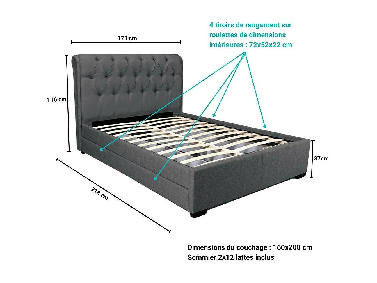 Lit 2 places 160x200cm CHALIN Gris foncé avec tête de lit inclus sommier et 4 tiroirs pour rangement