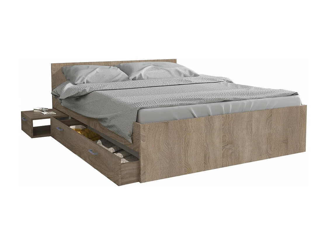 Lit 2 places 140x190cm couleur Chêne TIDO inclus sommier, 1 chevet et 1  tiroir pour rangement
