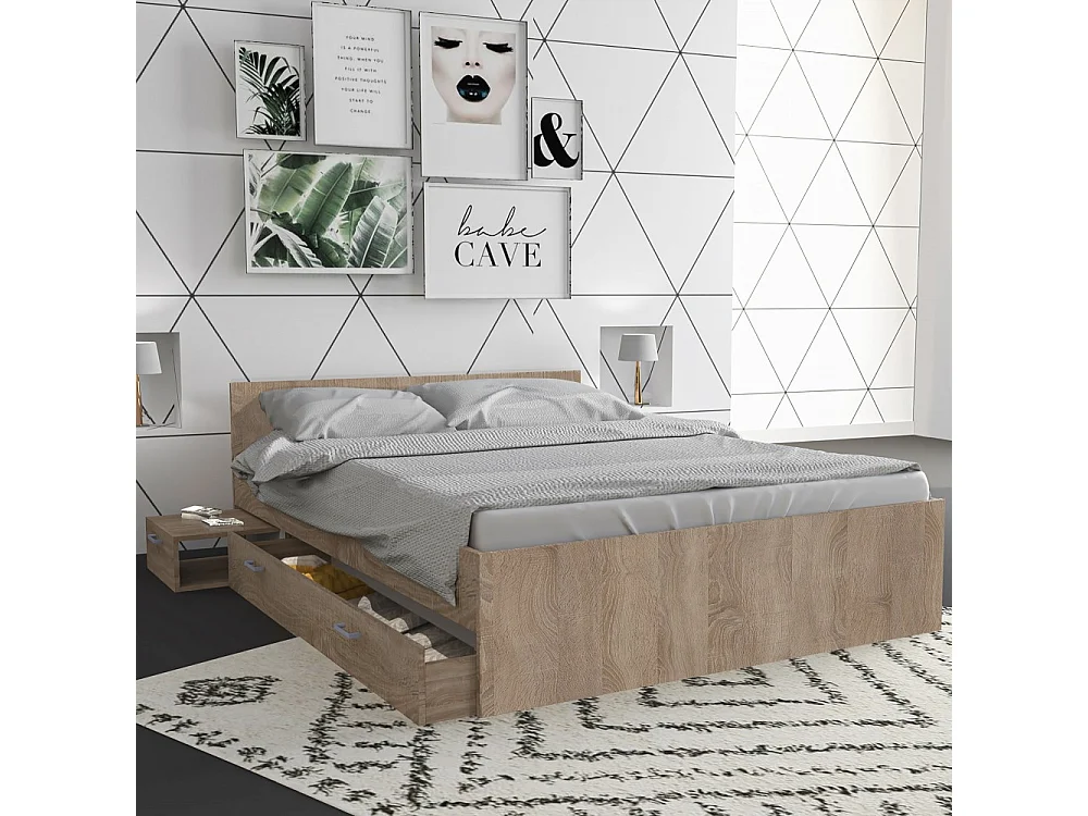 Lit 2 places 140x190cm couleur Chêne TIDO inclus sommier, 1 chevet et 1  tiroir pour rangement