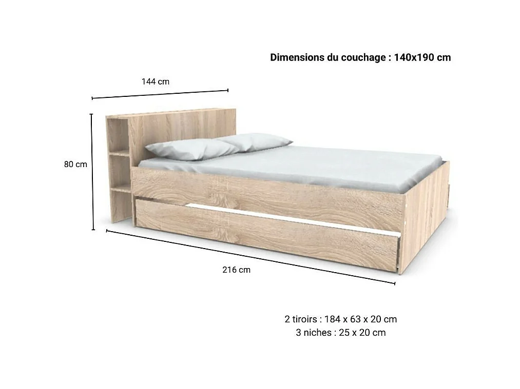 Lit 2 places 140x190cm chêne ROGO inclus sommier et tete de lit avec étageres et 2 tiroirs