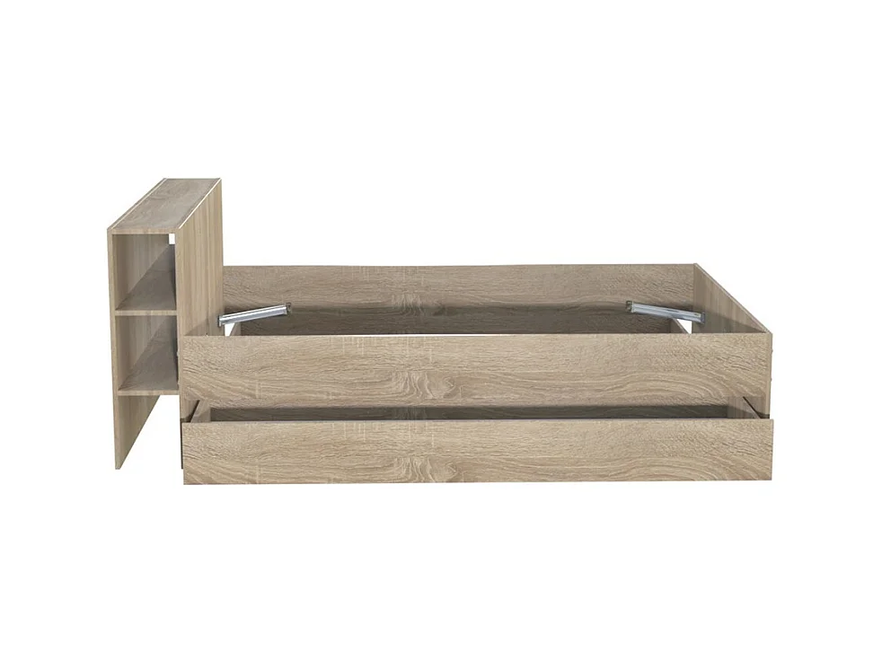 Lit 2 places 140x190cm chêne ROGO inclus sommier et tete de lit avec étageres et 2 tiroirs
