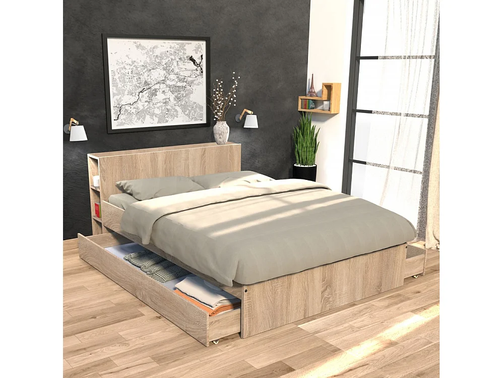 Lit 2 places 140x190cm chêne ROGO inclus sommier et tete de lit avec étageres et 2 tiroirs