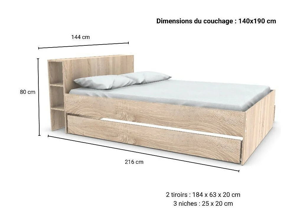 Lit 2 places 140x190cm chêne ROGO inclus sommier et tete de lit avec étageres et 2 tiroirs