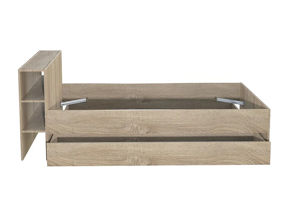 Lit 2 places 140x190cm chêne ROGO inclus sommier et tete de lit avec étageres et 2 tiroirs
