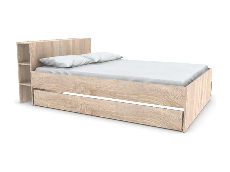 Lit 2 places 140x190cm chêne ROGO inclus sommier et tete de lit avec étageres et 2 tiroirs