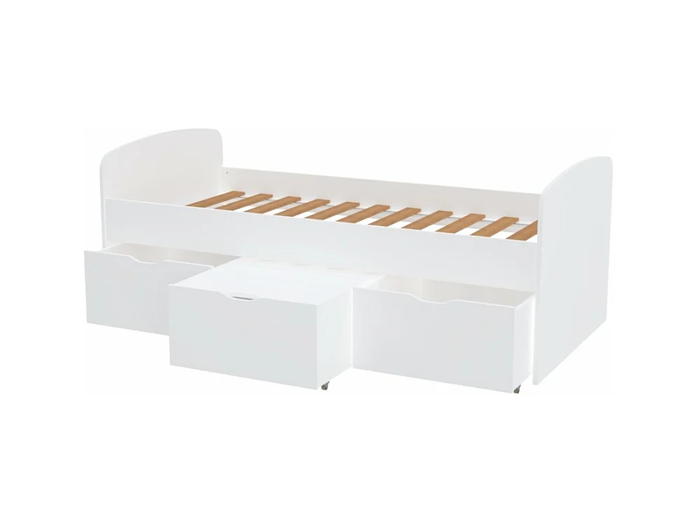 Lit  1 place 90x190cm blanc MAYA inclus sommier 2 tiroirs et  coffre table basse