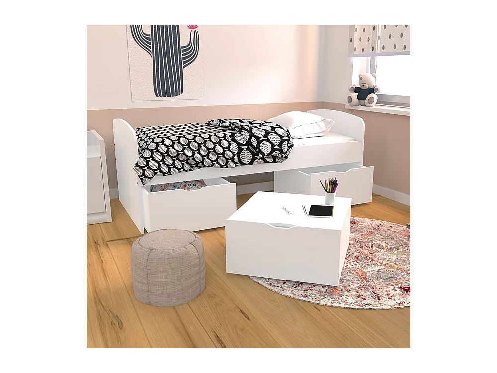Lit  1 place 90x190cm blanc MAYA inclus sommier 2 tiroirs et  coffre table basse