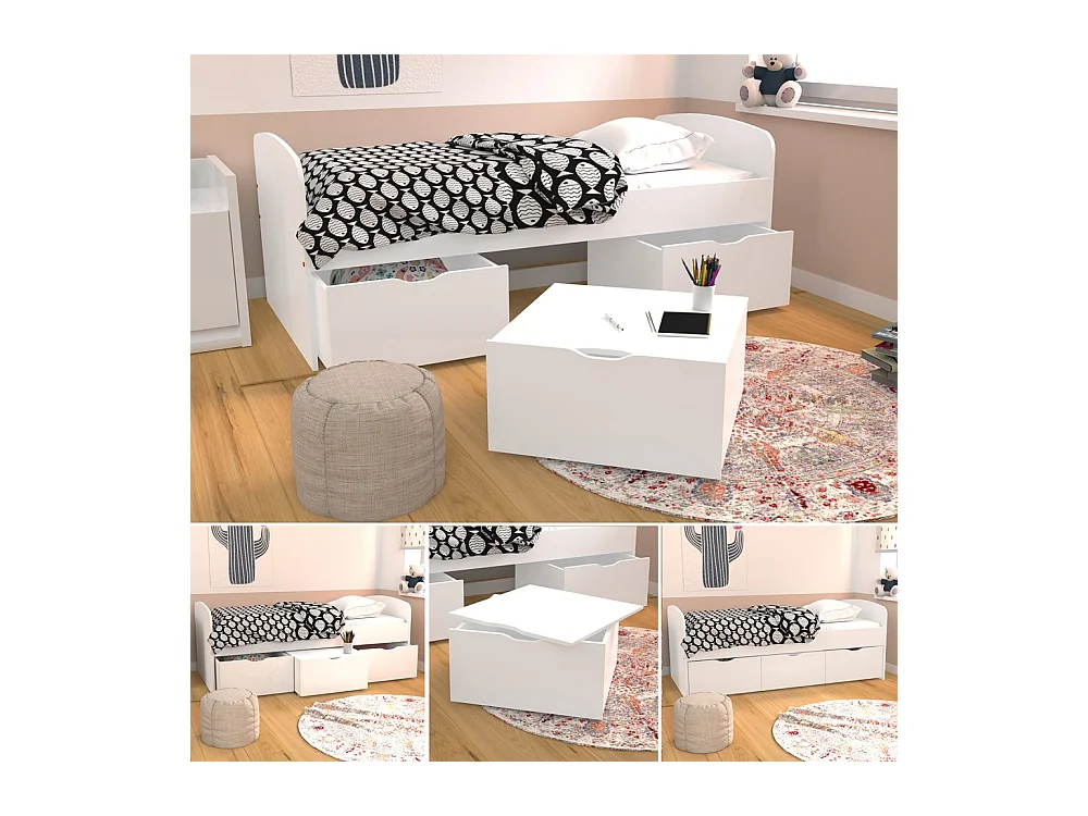 Lit  1 place 90x190cm blanc MAYA inclus sommier 2 tiroirs et  coffre table basse