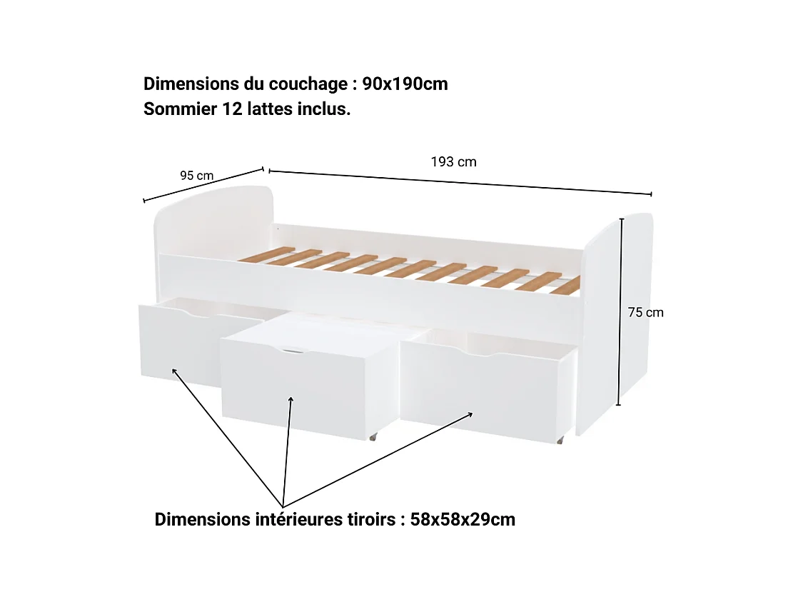 Lit  1 place 90x190cm blanc MAYA inclus sommier 2 tiroirs et  coffre table basse