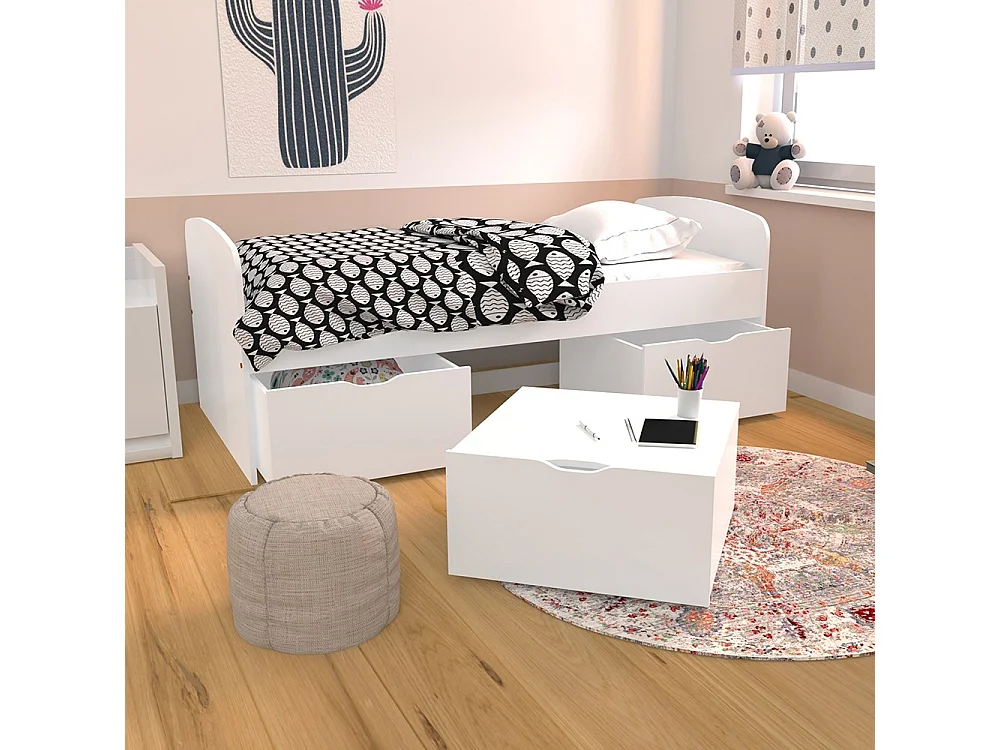 Lit  1 place 90x190cm blanc MAYA inclus sommier 2 tiroirs et  coffre table basse
