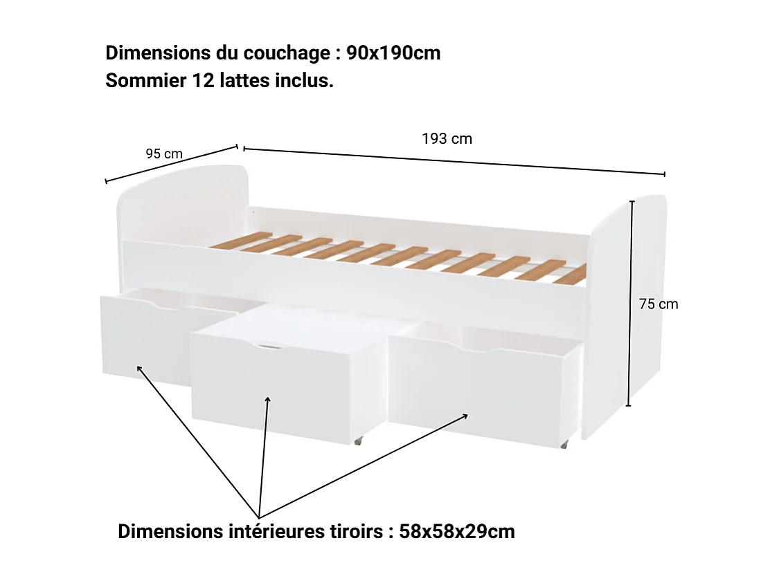 Lit  1 place 90x190cm blanc MAYA inclus sommier 2 tiroirs et  coffre table basse