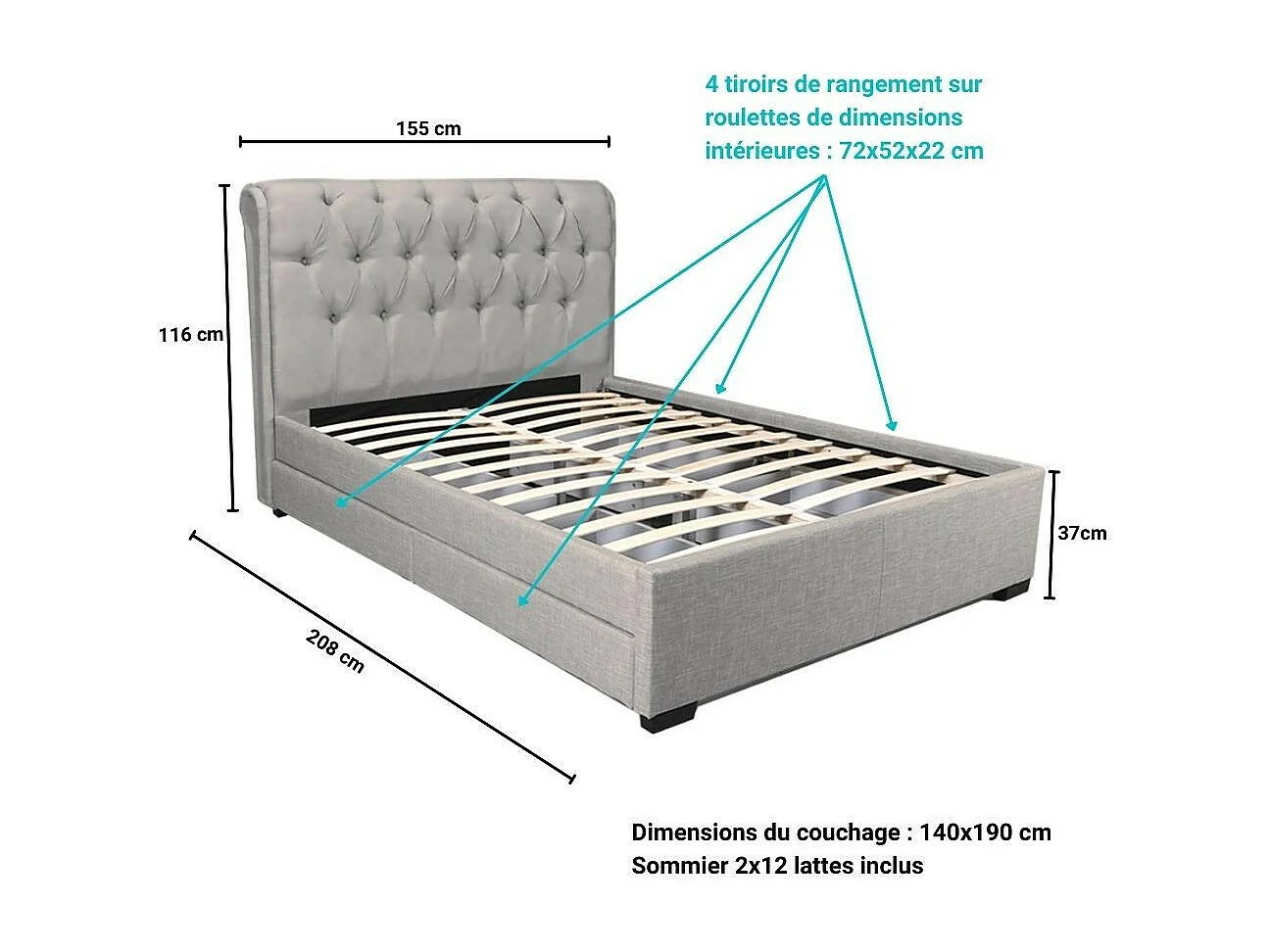 Lit 2 places 140x190cm CHALIN Gris clair avec tête de lit inclus sommier et 4 tiroirs pour rangement