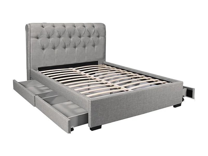 Lit 2 places 140x190cm CHALIN Gris clair avec tête de lit inclus sommier et 4 tiroirs pour rangement