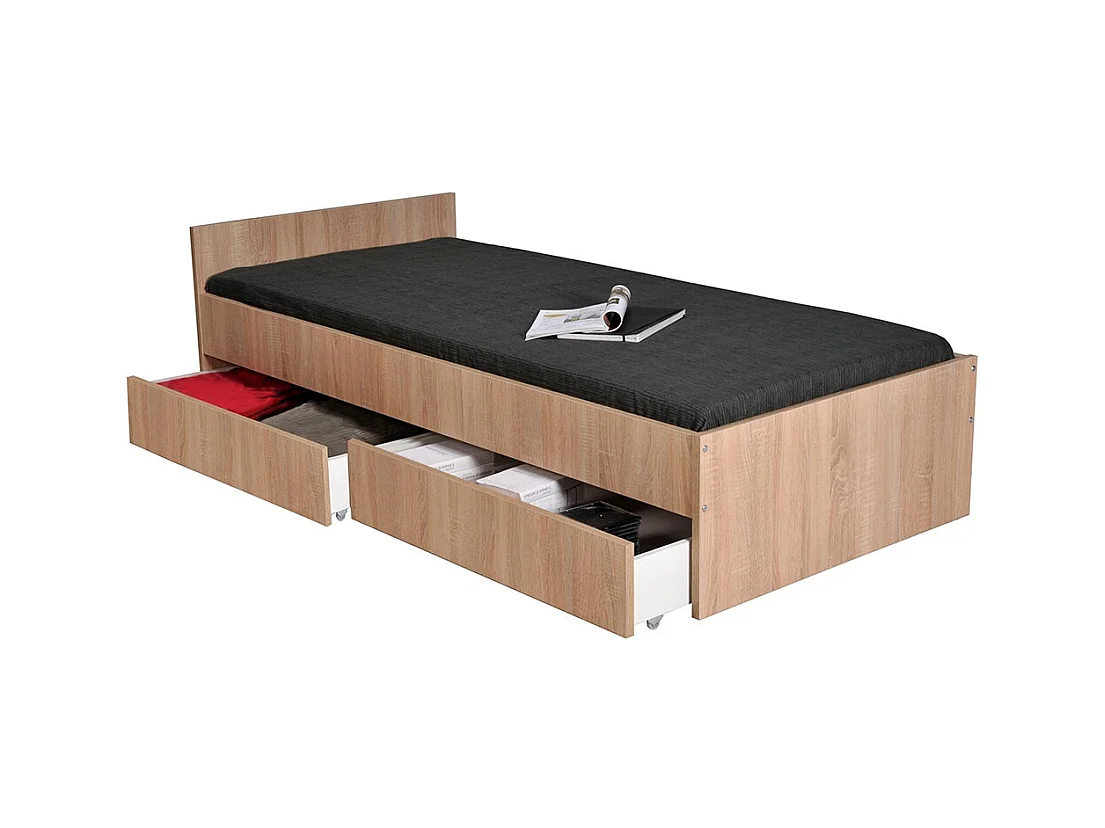 Lit 1 place 90x190cm blanc KIAPA couleur chêne inclus sommier et 2 tiroirs pour rangement