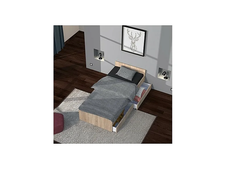 Lit 1 place 90x190cm blanc KIAPA couleur chêne inclus sommier et 2 tiroirs pour rangement