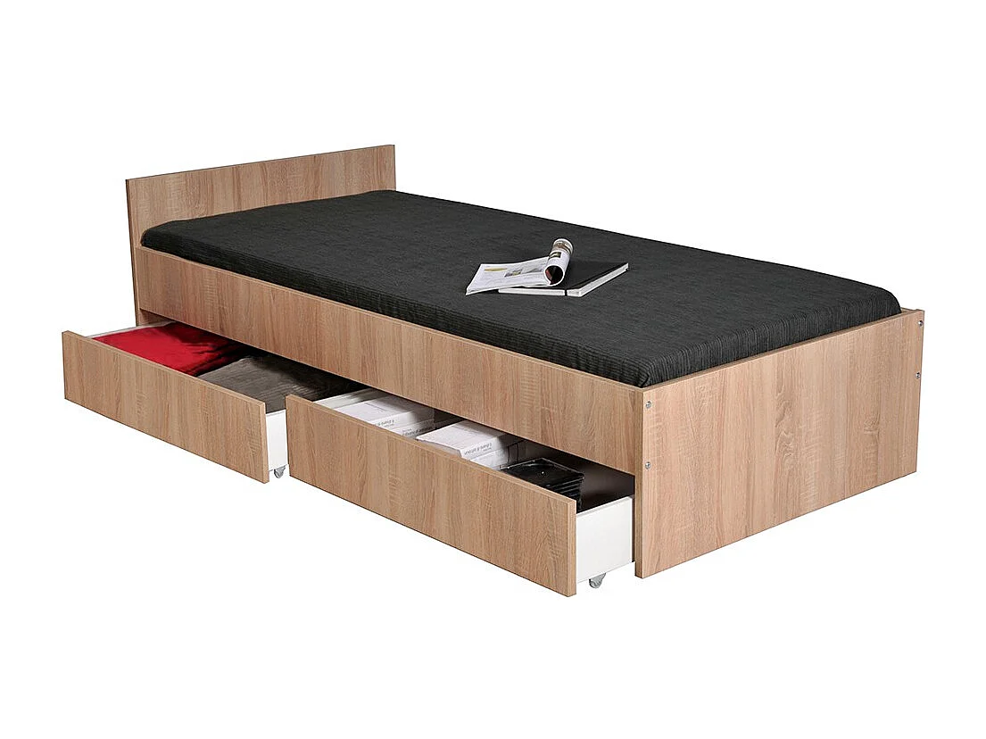 Lit 1 place 90x190cm blanc KIAPA couleur chêne inclus sommier et 2 tiroirs pour rangement