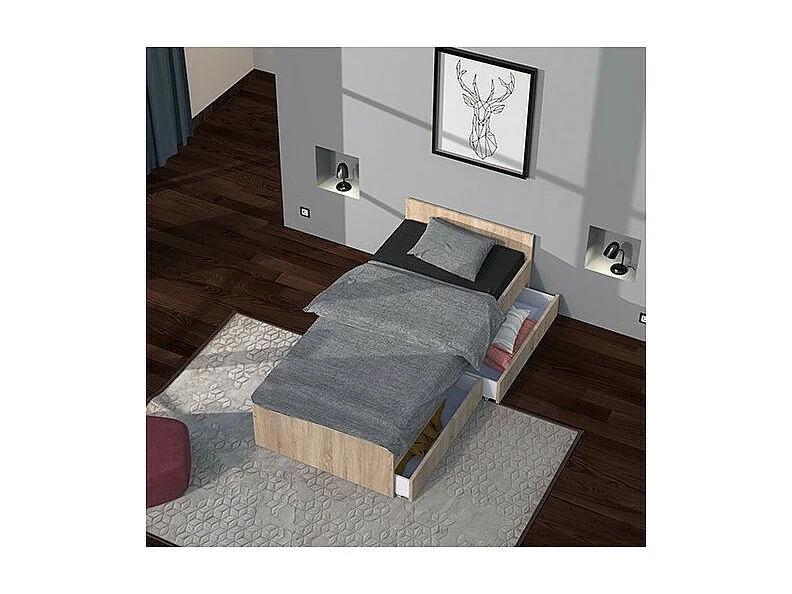 Lit 1 place 90x190cm blanc KIAPA couleur chêne inclus sommier et 2 tiroirs pour rangement