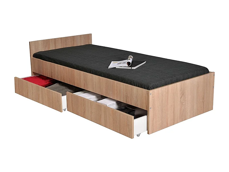 Lit 1 place 90x190cm blanc KIAPA couleur chêne inclus sommier et 2 tiroirs pour rangement