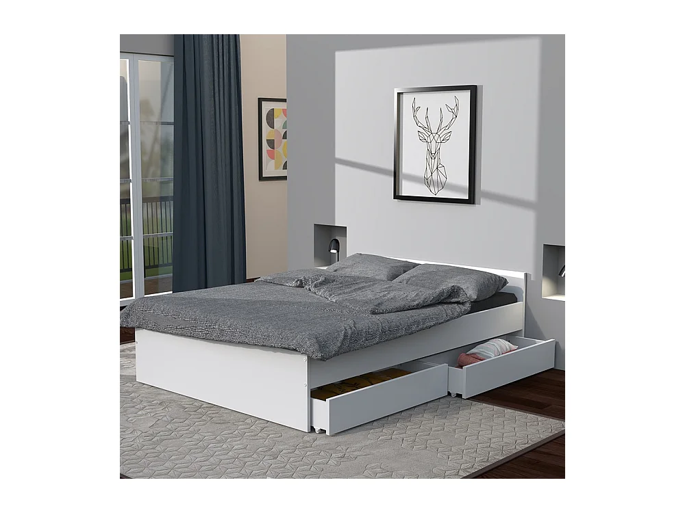 Lit 2 places 140x190cm Blanc KIAPA inclus sommier et 2  tiroirs pour rangement