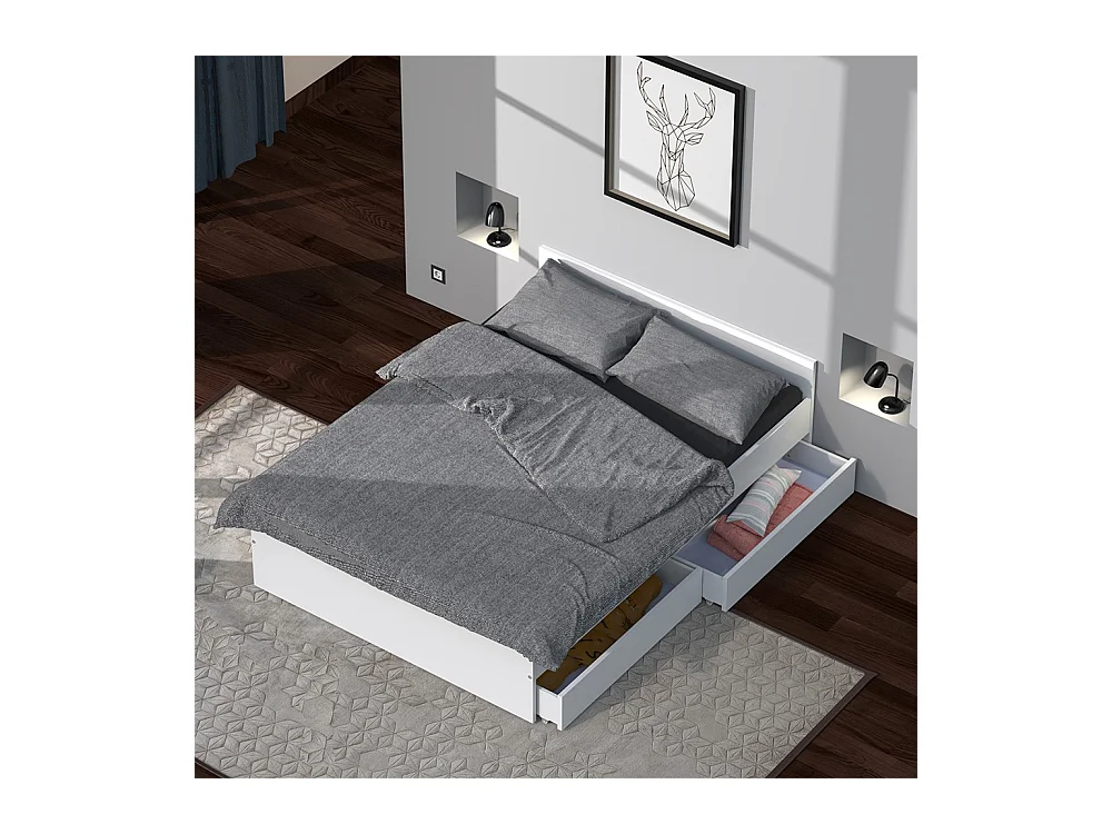 Lit 2 places 140x190cm Blanc KIAPA inclus sommier et 2  tiroirs pour rangement