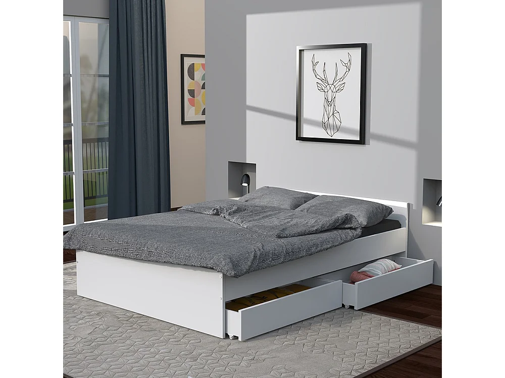 Lit 2 places 140x190cm Blanc KIAPA inclus sommier et 2  tiroirs pour rangement