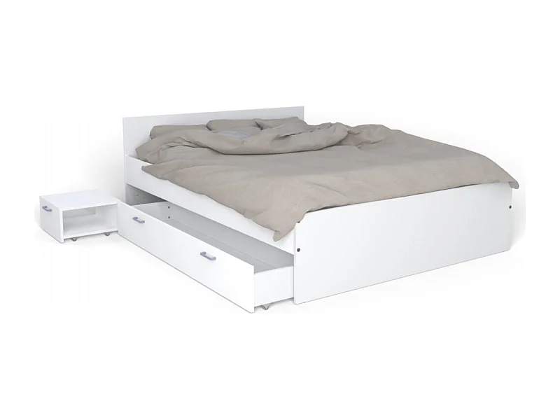 Lit 2 places 160x200cm Blanc TIDO inclus sommier, 1 chevet et 1  tiroir pour rangement