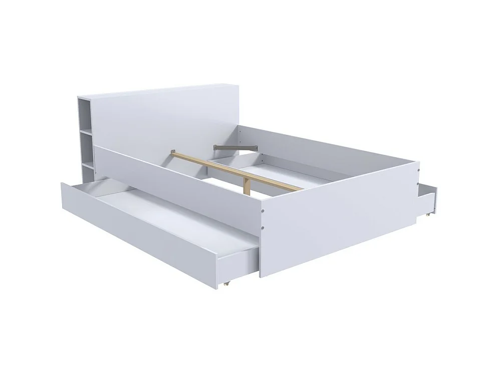 Lit 2 places 160x200cm Blanc ROGO inclus sommier et tete de lit avec étageres et 2 tiroirs