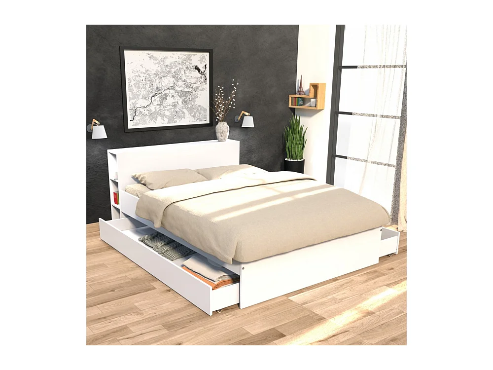 Lit 2 places 160x200cm Blanc ROGO inclus sommier et tete de lit avec étageres et 2 tiroirs