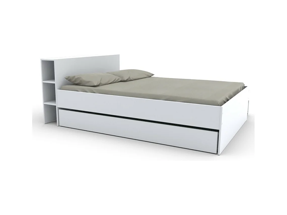 Lit 2 places 160x200cm Blanc ROGO inclus sommier et tete de lit avec étageres et 2 tiroirs