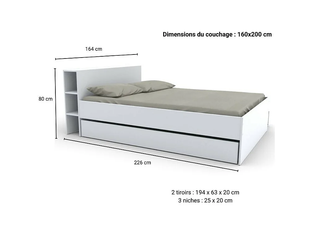 Lit 2 places 160x200cm Blanc ROGO inclus sommier et tete de lit avec étageres et 2 tiroirs