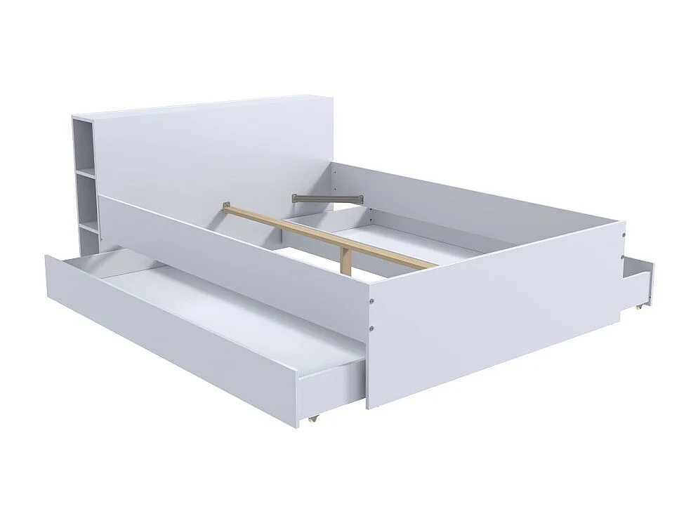 Lit 2 places 160x200cm Blanc ROGO inclus sommier et tete de lit avec étageres et 2 tiroirs