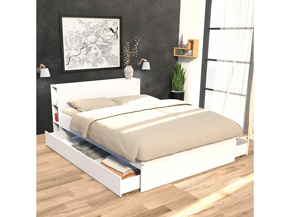 Lit 2 places 160x200cm Blanc ROGO inclus sommier et tete de lit avec étageres et 2 tiroirs