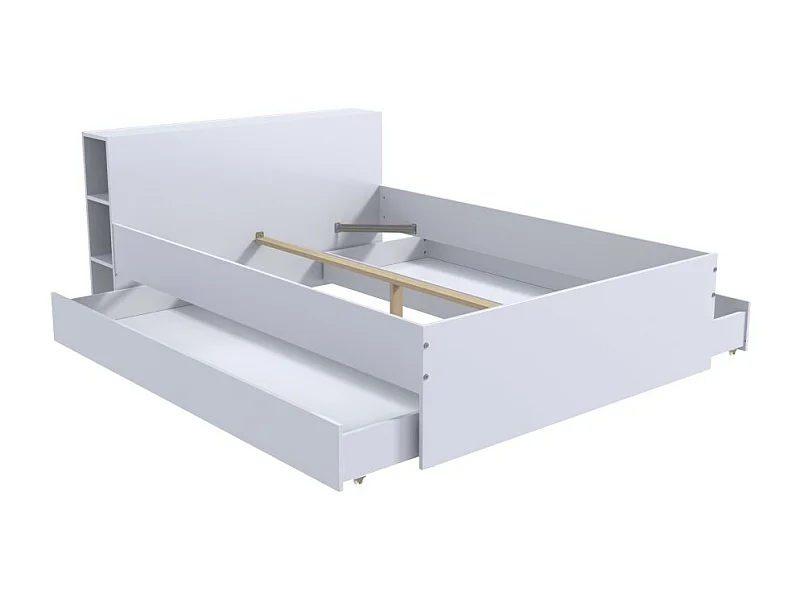 Lit 2 places 160x200cm Blanc ROGO inclus sommier et tete de lit avec étageres et 2 tiroirs