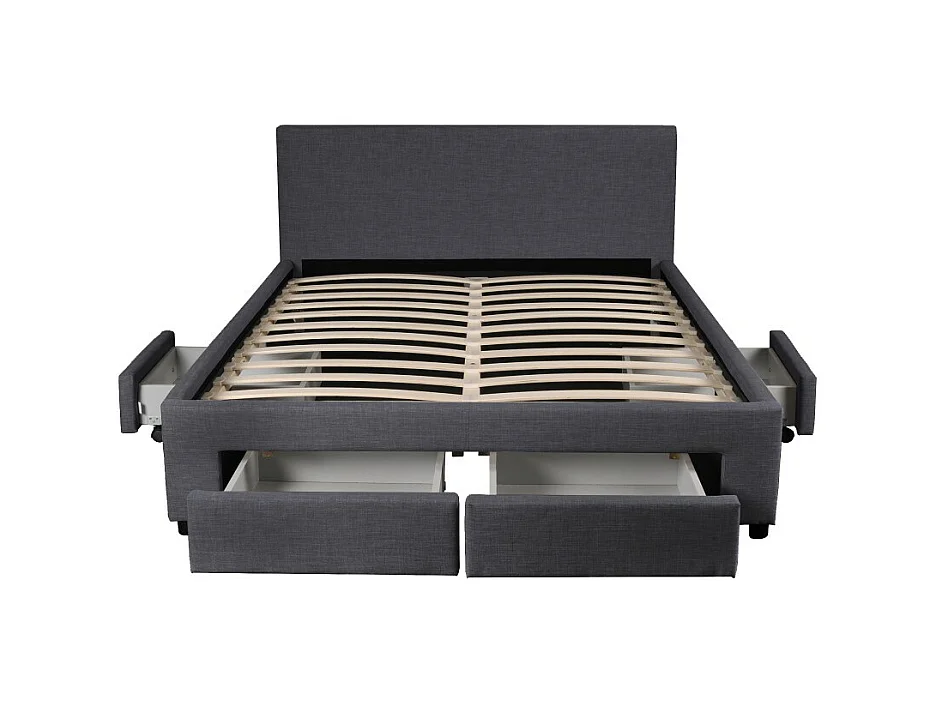 Lit 2 places 140x190cm Tissu Gris foncé LOUGNE inclus sommier et 4 tiroirs