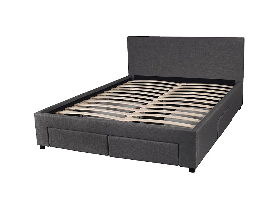 Lit 2 places 140x190cm Tissu Gris foncé LOUGNE inclus sommier et 4 tiroirs