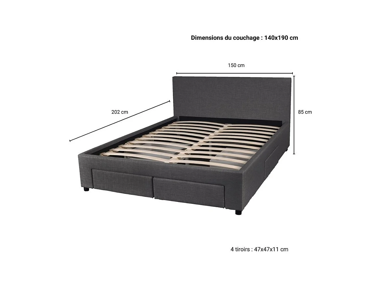 Lit 2 places 140x190cm Tissu Gris foncé LOUGNE inclus sommier et 4 tiroirs