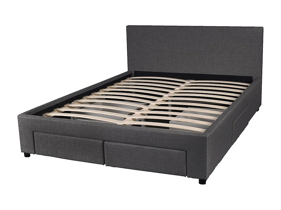 Lit 2 places 140x190cm Tissu Gris foncé LOUGNE inclus sommier et 4 tiroirs