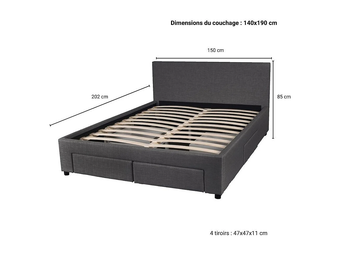 Lit 2 places 140x190cm Tissu Gris foncé LOUGNE inclus sommier et 4 tiroirs