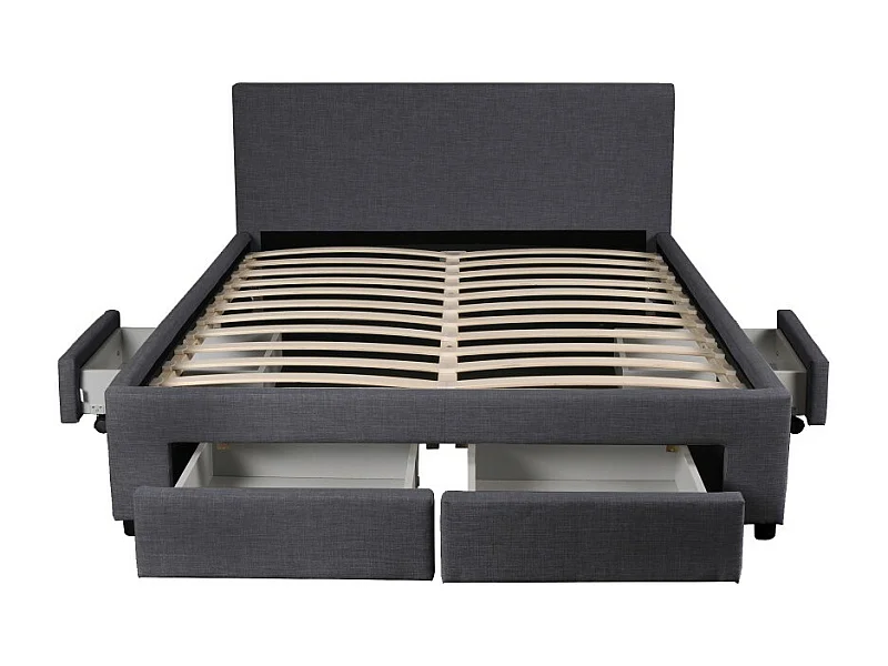 Lit 2 places 140x190cm Tissu Gris foncé LOUGNE inclus sommier et 4 tiroirs