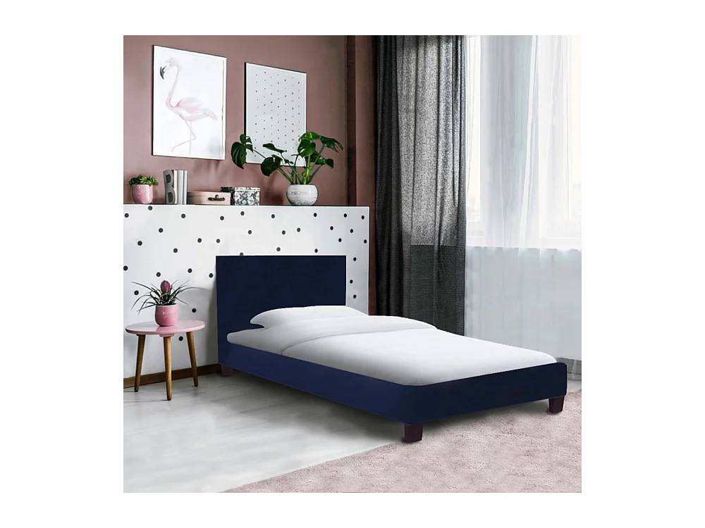 Lit 1 place 90x190cm Tissu Bleu avec sommier DUSIN